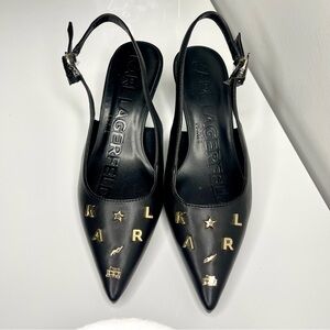 Karl Lagerfeld Paris Black Pointed Kitten Heels with Gold Accents Size 8M
